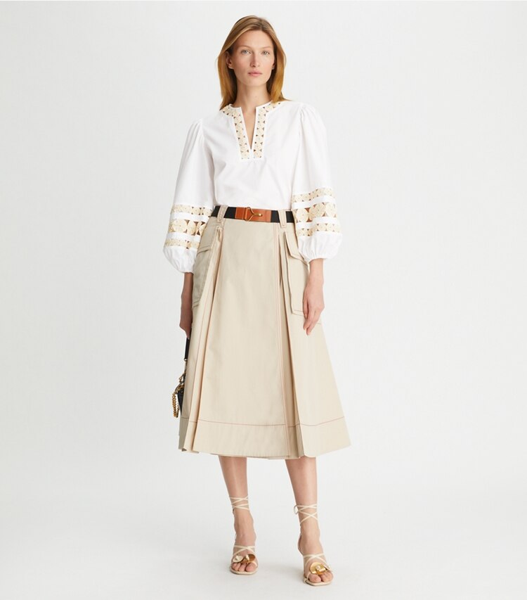 Tory Burch designer bottoms Poplin Pleated Skirt in Clean Khaki on model front