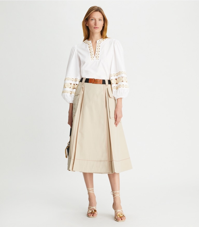 Tory Burch designer bottoms Poplin Pleated Skirt in Clean Khaki front
