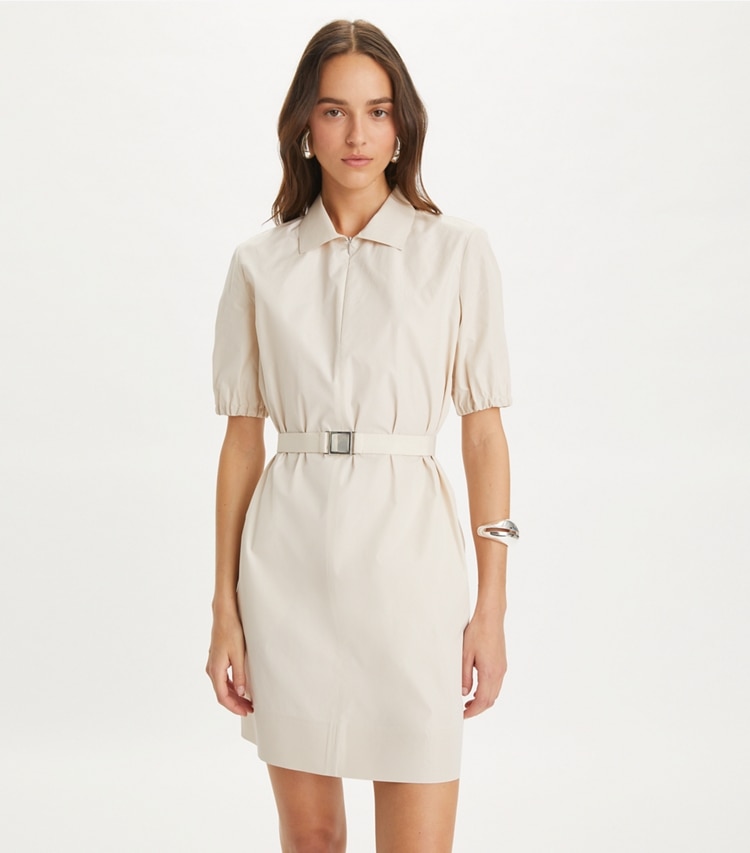 Tory Burch designer dresses Poplin Polo Dress in Pale Sandstone on model detail