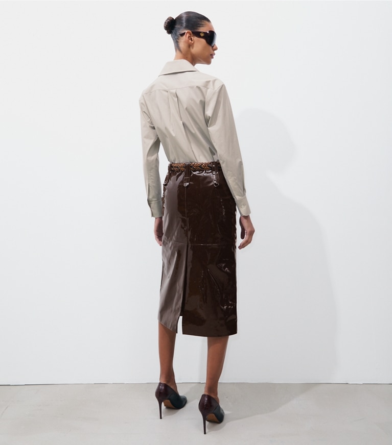 Tory Burch designer tops Poplin Shirt in Washed Taupe on model back