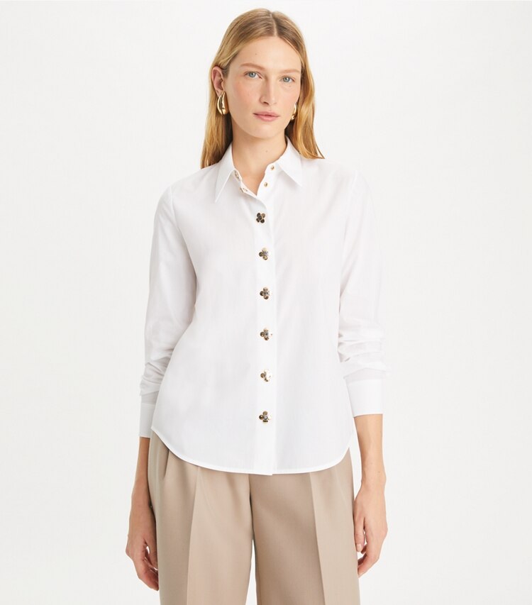 Tory Burch designer tops Poplin Shirt in White on model detail