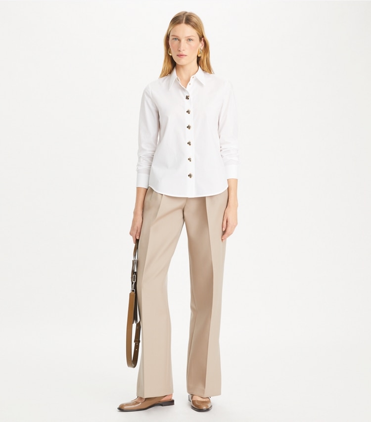 Tory Burch designer tops Poplin Shirt in White on model front