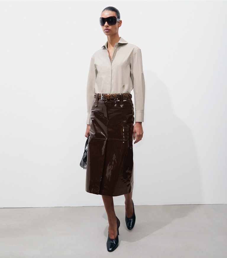 Tory Burch designer tops Poplin Shirt in Washed Taupe on model front