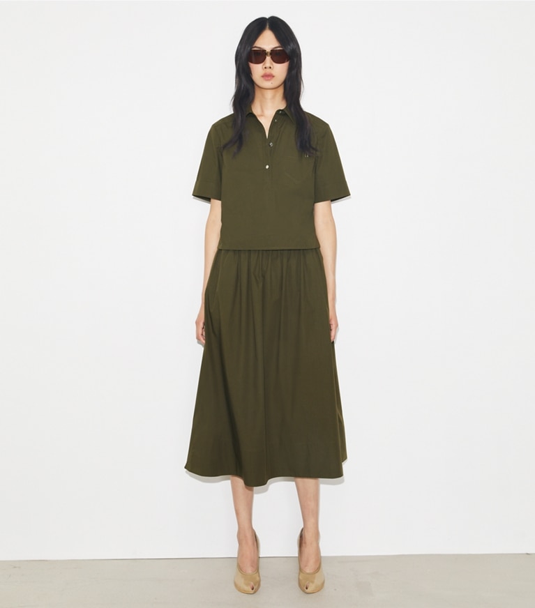 Tory Burch designer bottoms Poplin Skirt in Olive Pesto front
