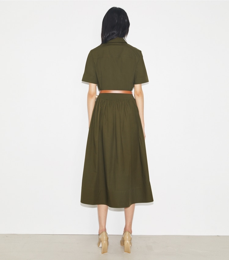 Tory Burch designer bottoms Poplin Skirt in Olive Pesto on model back