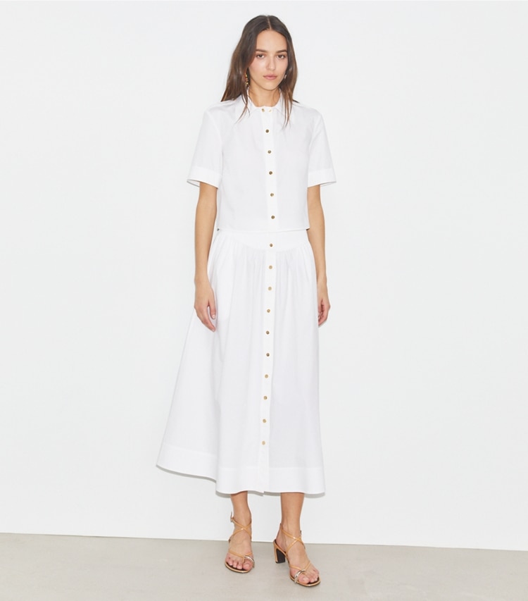Tory Burch designer bottoms Poplin Skirt in White on model front