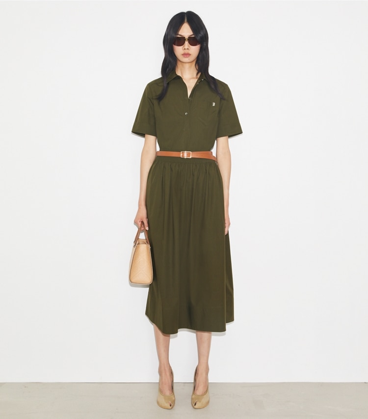 Tory Burch designer bottoms Poplin Skirt in Olive Pesto on model front