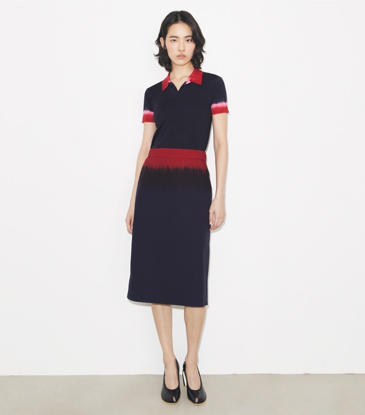 Tory Burch designer bottoms Poplin Skirt in Medium Navy / Red on model front