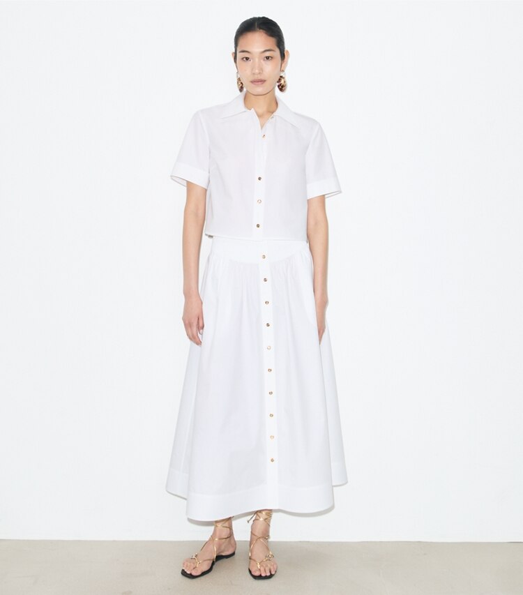 Tory Burch designer bottoms Poplin Skirt in White on model front