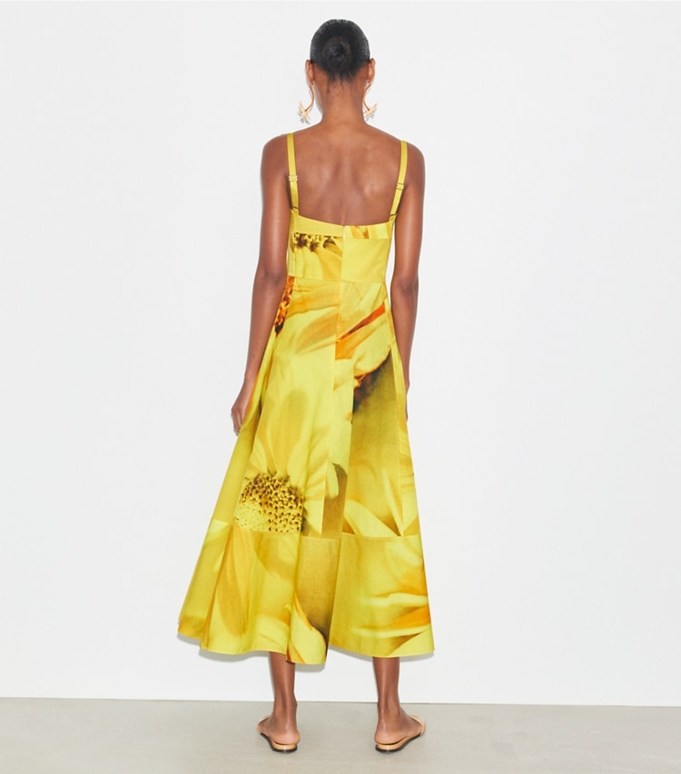 Tory Burch designer dresses Poplin Sundress in Yellow Bee on model back