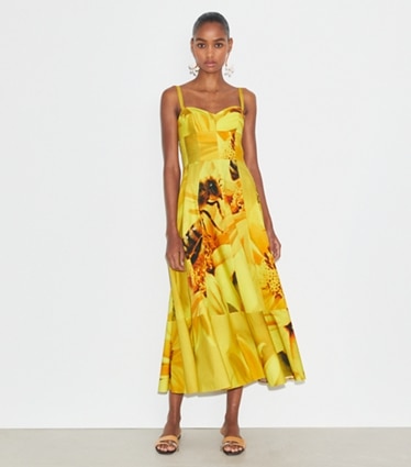 Tory Burch designer dresses Poplin Sundress in Yellow Bee on model front