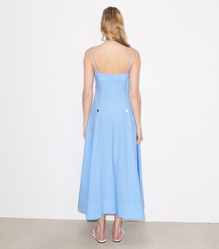 Tory Burch designer dresses Poplin Tank Dress in Washed Sky on model back