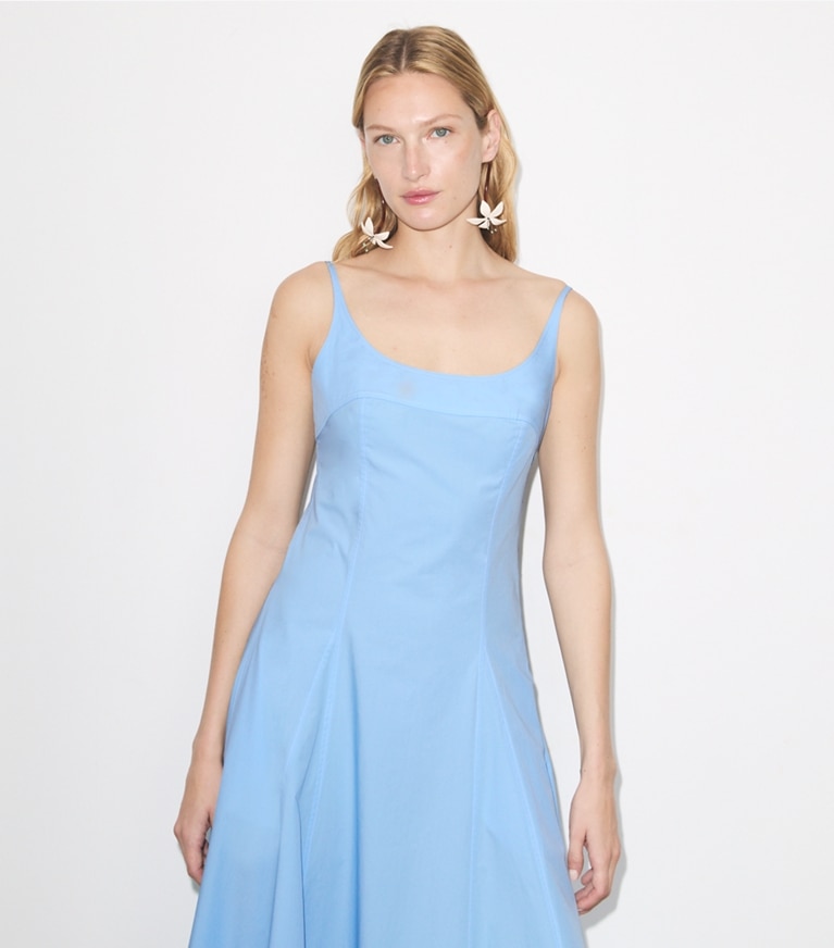 Tory Burch designer dresses Poplin Tank Dress in Washed Sky on model detail