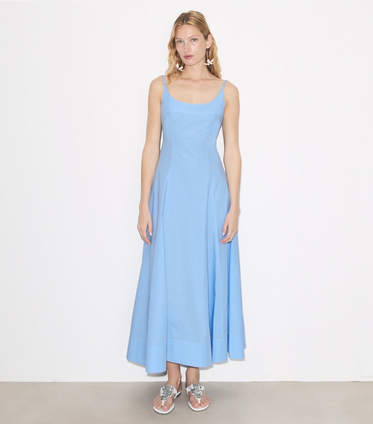Tory Burch designer dresses Poplin Tank Dress in Washed Sky on model front