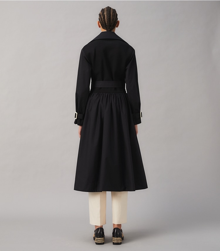 Tory Burch designer coats Poplin Trench Coat in Black on model back