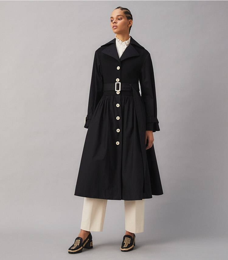 Tory Burch designer coats Poplin Trench Coat in Black on model front