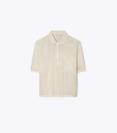 Tory Burch designer tops Poplin Zip Polo in Pale Sandstone front