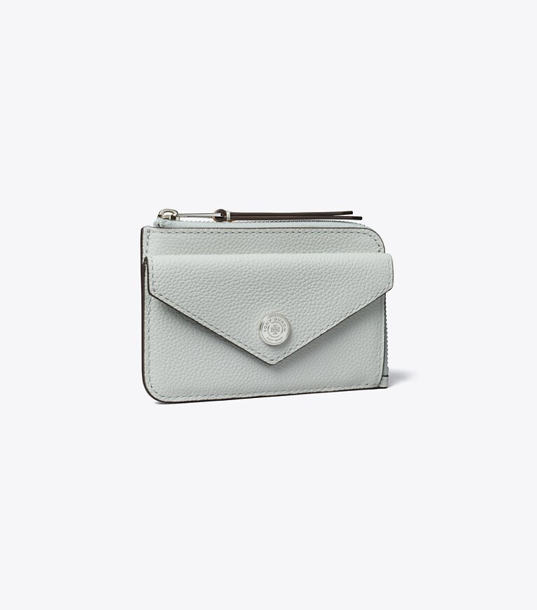 Tory Burch designer portacarte Portacarte a busta con zip martellato in Light Titanium angle