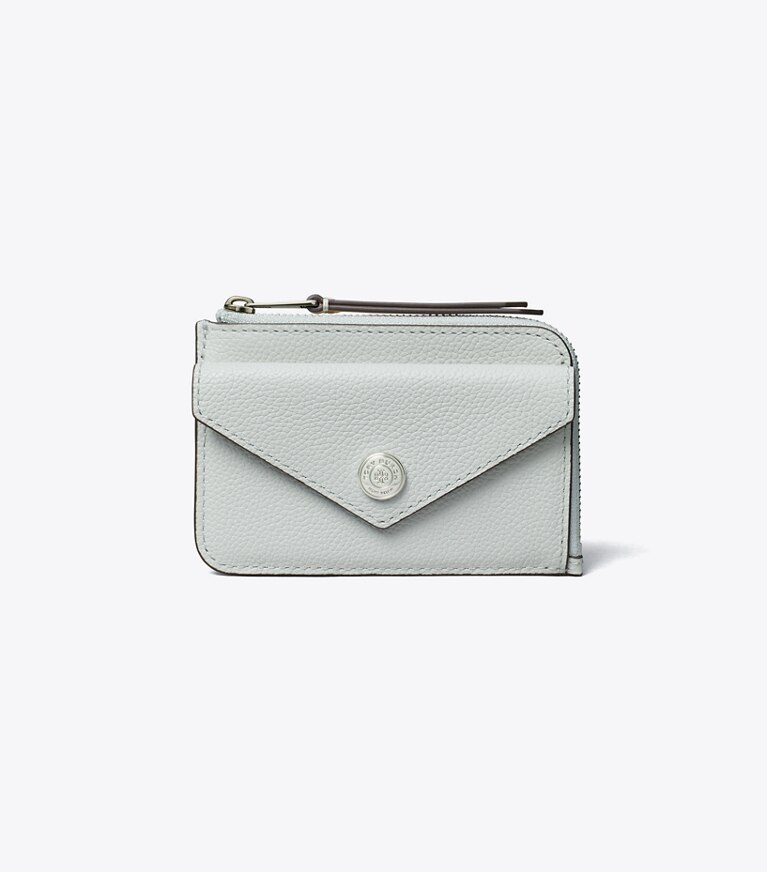 Tory Burch designer portacarte Portacarte a busta con zip martellato in Light Titanium angle