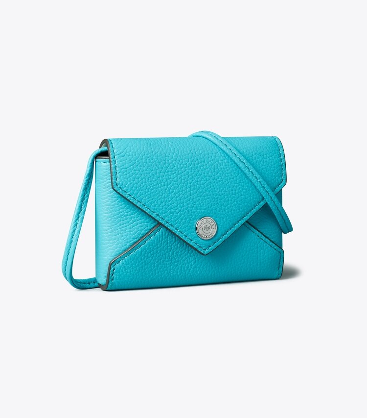 Tory Burch designer accessori da viaggio Portacarte con cordino in Soft Turquoise angle