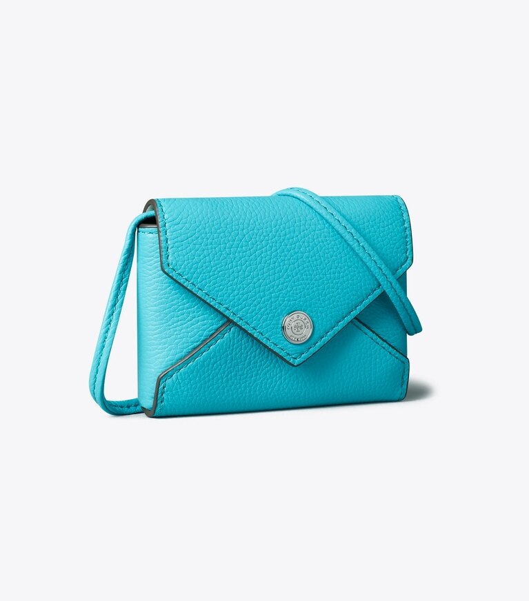 Tory Burch designer accessori da viaggio Portacarte con cordino in Soft Turquoise angle
