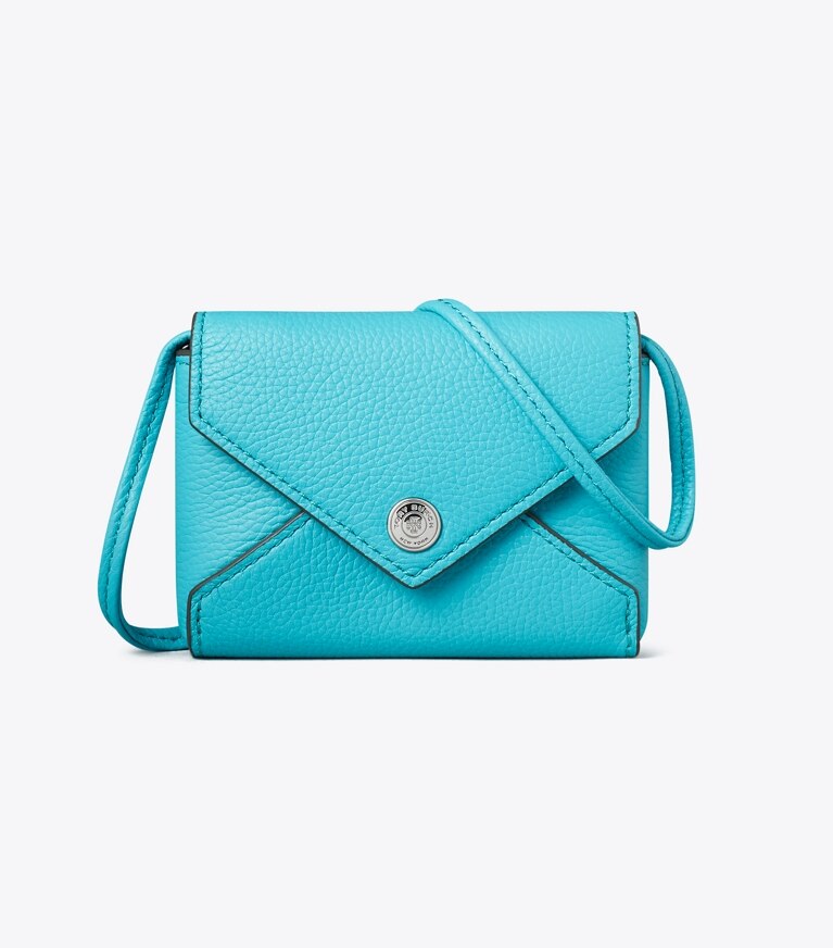 Tory Burch designer accessori da viaggio Portacarte con cordino in Soft Turquoise front
