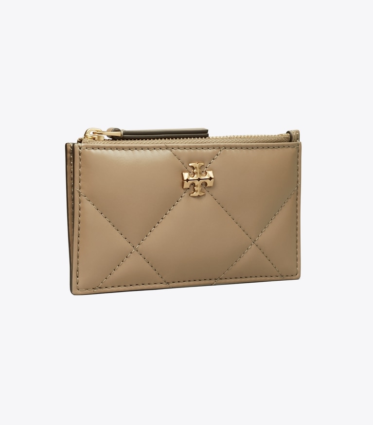 Tory Burch designer portacarte Portacarte Kira con trapuntatura a diamante e zip in Taupe Oak angle