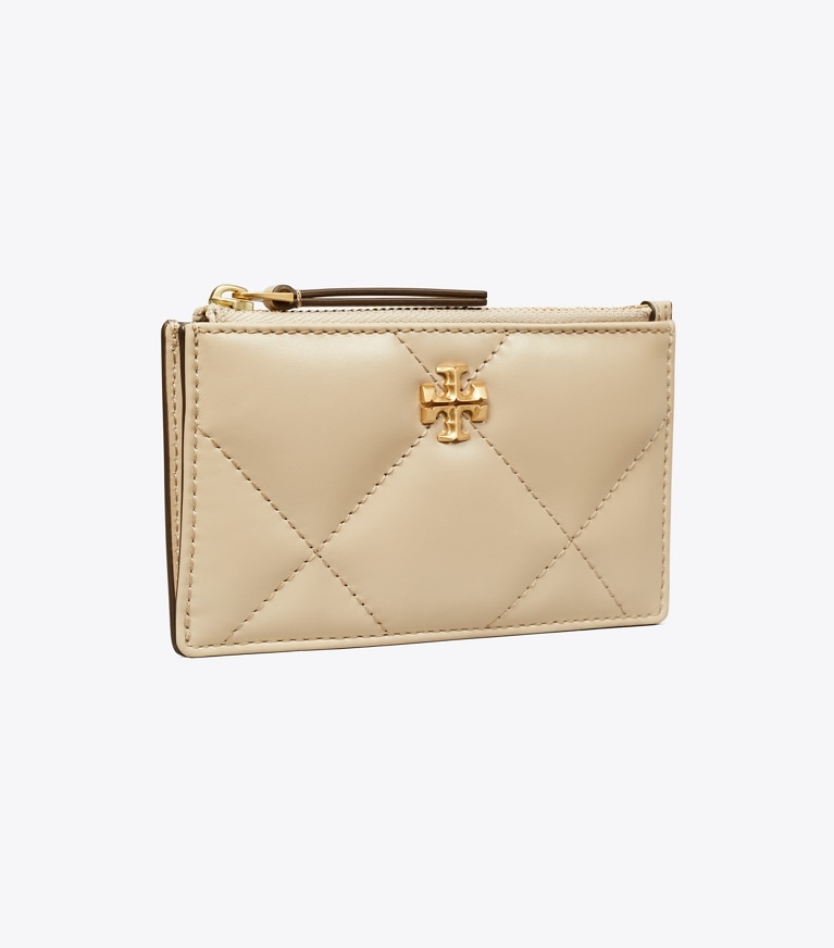 Tory Burch designer portacarte Portacarte Kira con trapuntatura a diamante e zip in Light Stone angle