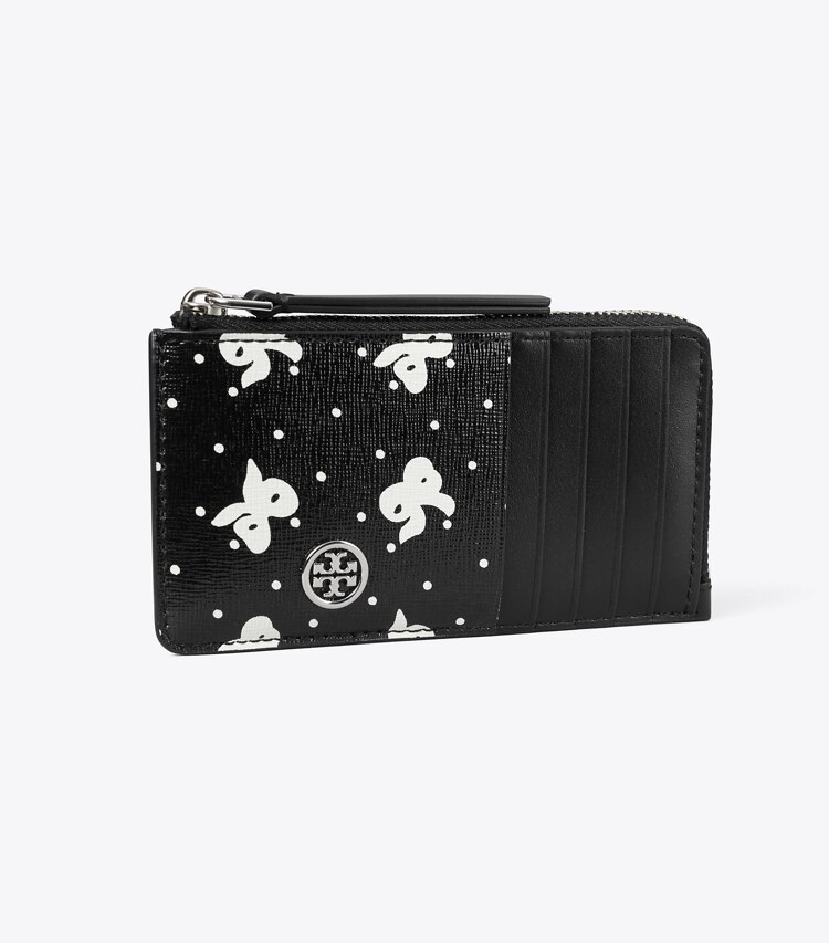 Tory Burch designer portacarte Portacarte Robinson con stampa e zip superiore in Black Tossed Bow angle