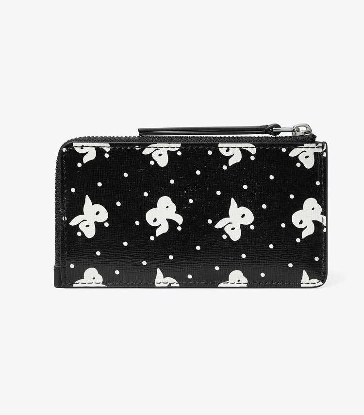 Tory Burch designer portacarte Portacarte Robinson con stampa e zip superiore in Black Tossed Bow indietro