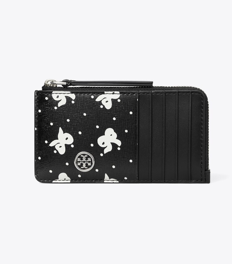 Tory Burch designer portacarte Portacarte Robinson con stampa e zip superiore in Black Tossed Bow front