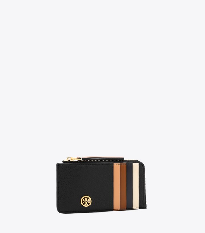 Tory Burch designer portacarte Portacarte Robinson con zip superiore in pelle martellata in Black angle