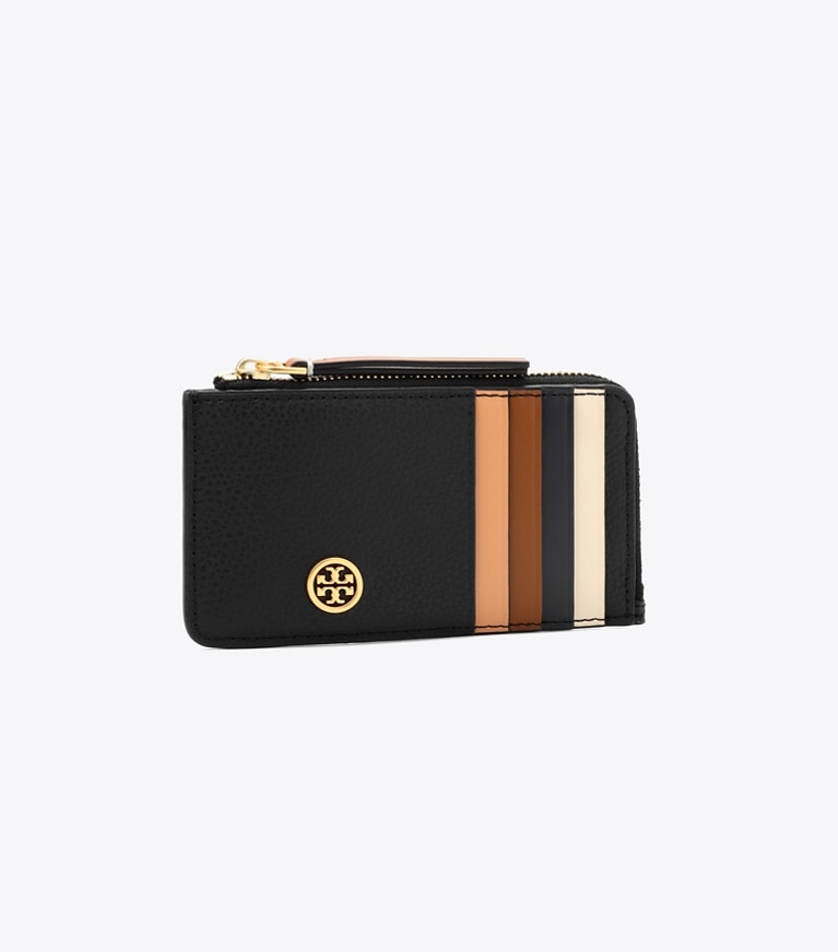 Tory Burch designer portacarte Portacarte Robinson con zip superiore in pelle martellata in Black angle