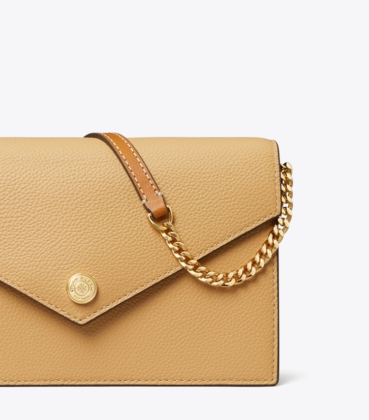 Tory Burch designer mini bags Portafoglio a busta con catena martellato in Biscotti dettaglio