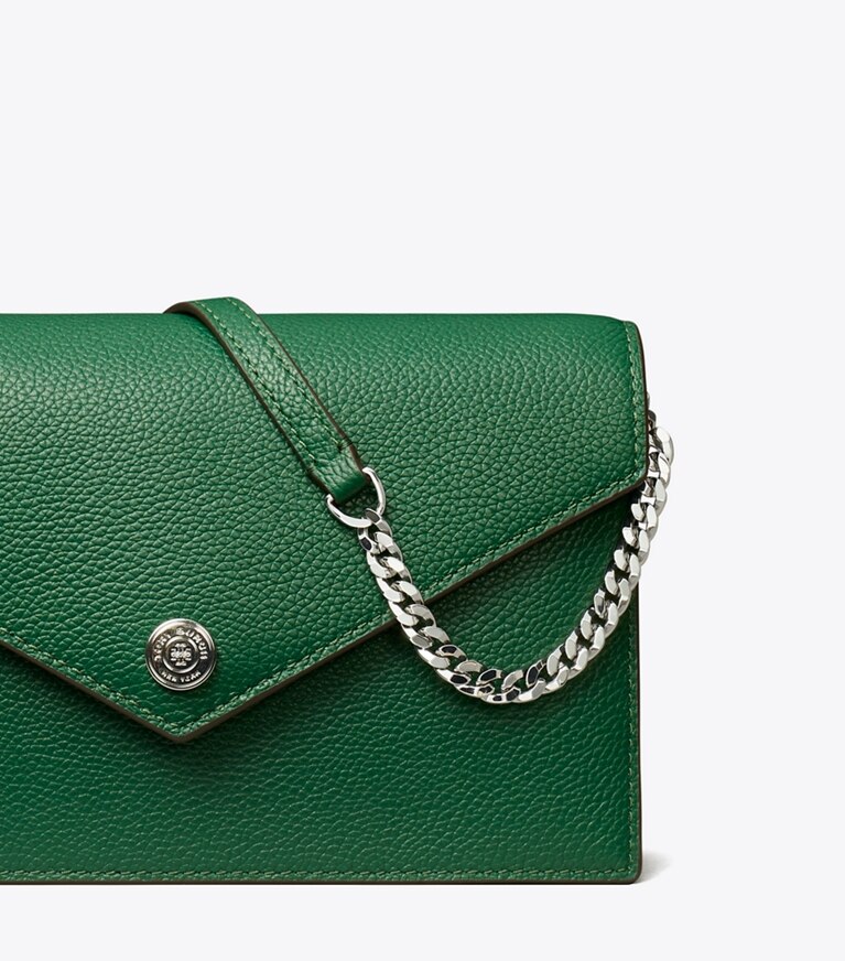 Tory Burch designer mini bags Portafoglio a busta con catena martellato in Dark Kale dettaglio