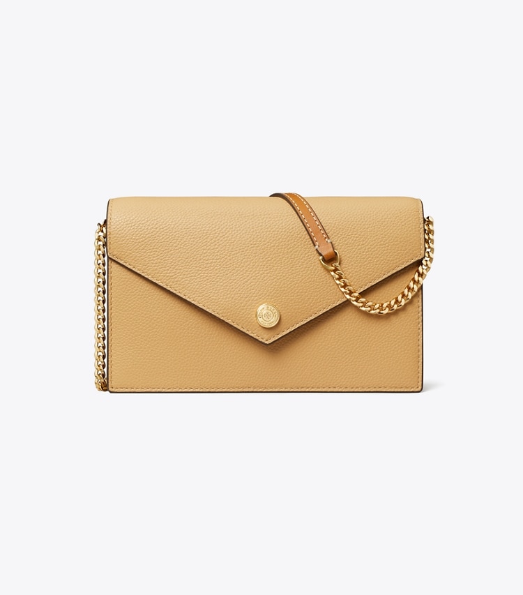 Tory Burch designer mini bags Portafoglio a busta con catena martellato in Biscotti front