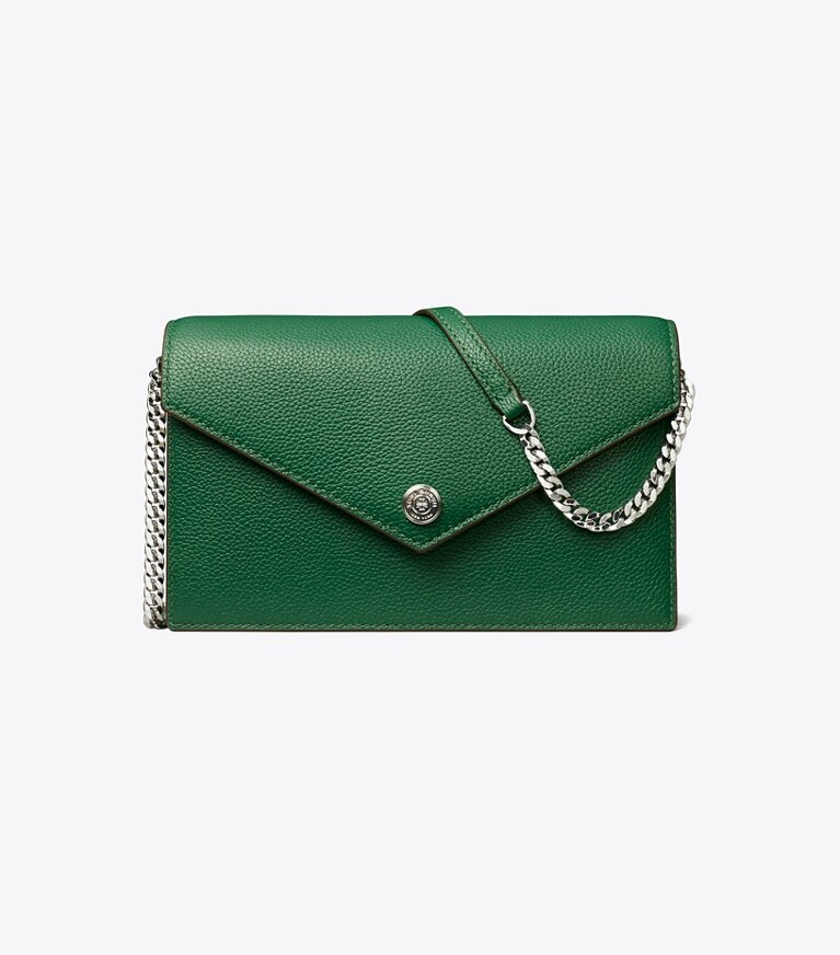 Tory Burch designer mini bags Portafoglio a busta con catena martellato in Dark Kale front