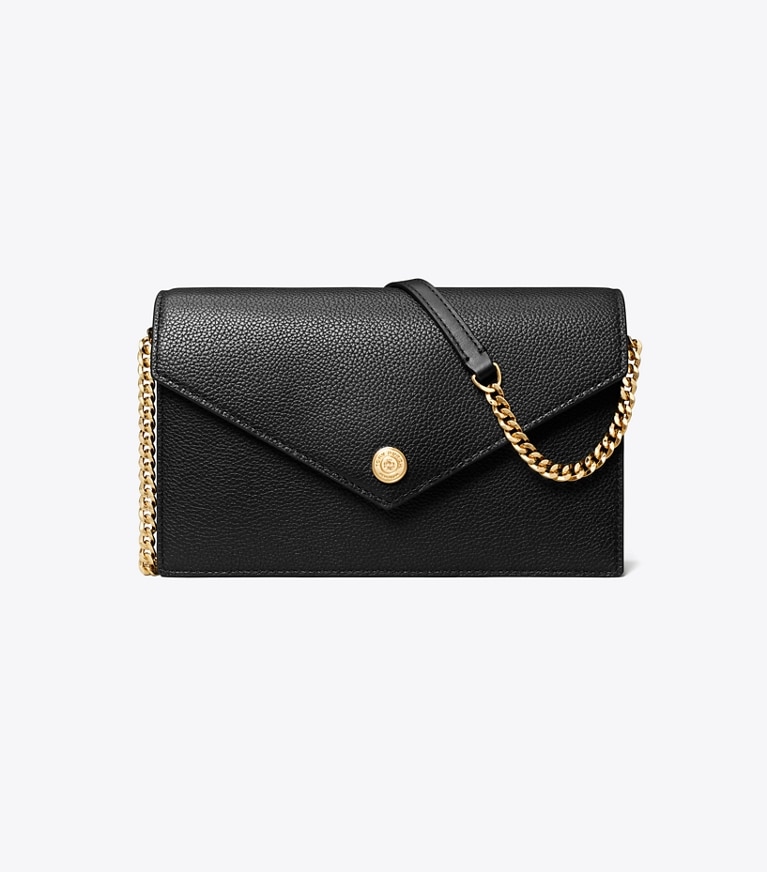 Tory Burch designer mini bags Portafoglio a busta con catena martellato in Black angle