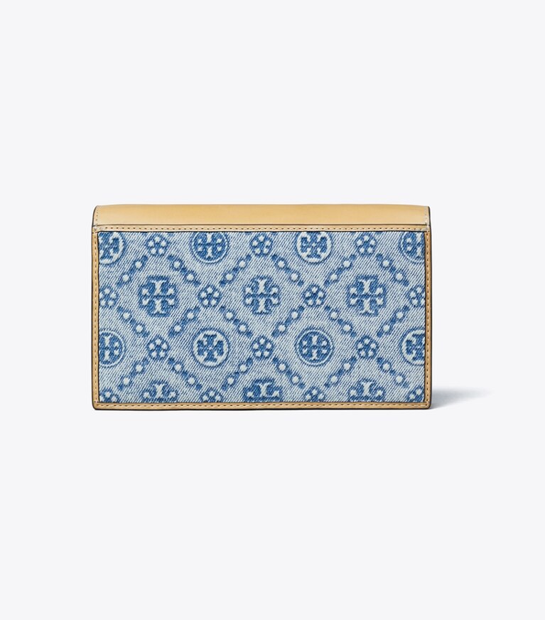 Tory Burch designer mini bags Portafoglio a busta in denim T Monogram con catena in Seltzer angle