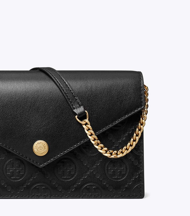 Tory Burch designer mini bags Portafoglio a busta in pelle con catena T Monogram in Black angle