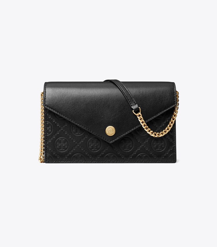 Tory Burch designer mini bags Portafoglio a busta in pelle con catena T Monogram in Black front