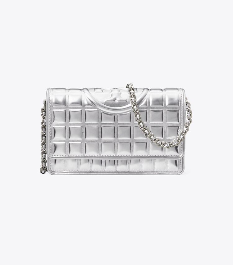 Tory Burch designer borse a spalla Portafoglio con catena Fleming metallizzato matelassé in Silver front