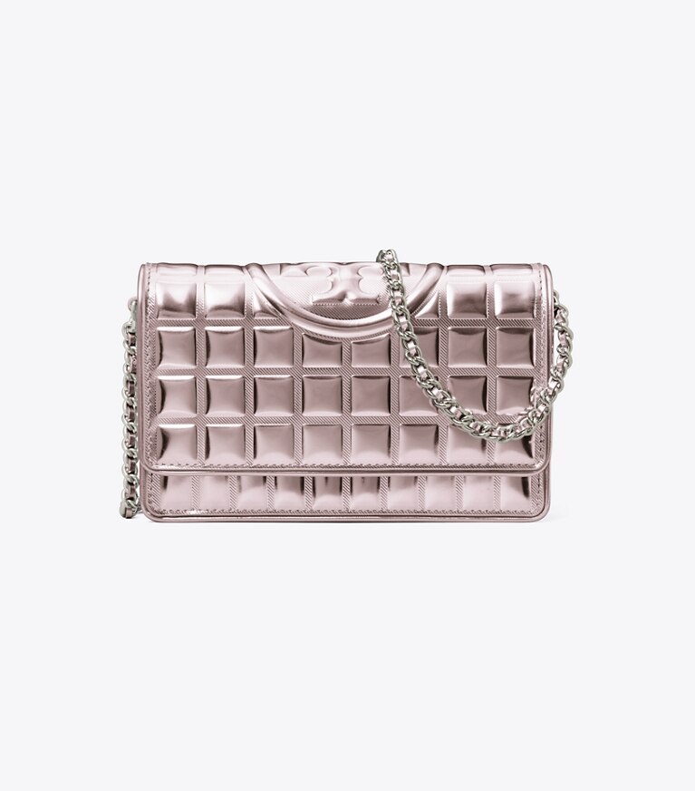 Tory Burch designer mini bags Portafoglio con catena Fleming metallizzato matelassé in Sparkle Pink angle