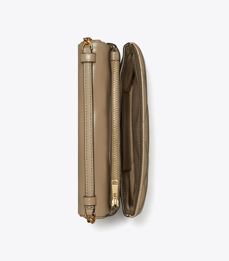 Tory Burch designer mini bags Portafoglio con catena Kira con trapuntatura a diamante in Taupe Oak angle