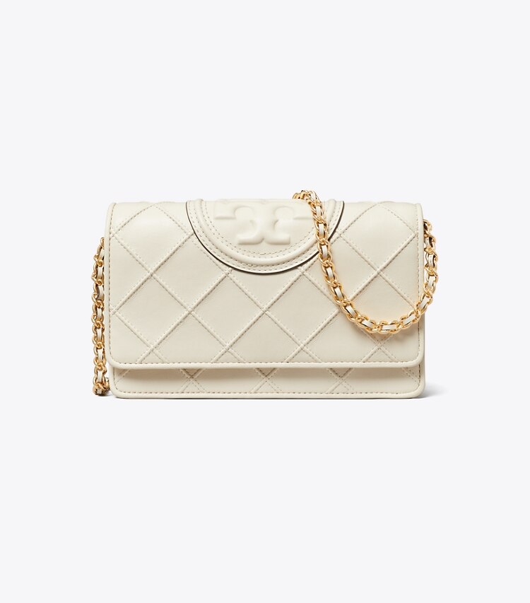 Tory Burch designer mini bags Portafoglio con catena morbido Fleming in Light Cream front