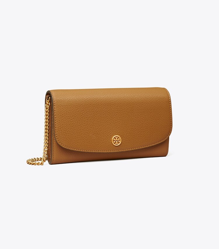 Tory Burch designer mini bags Portafoglio con catena Robinson in pelle martellata in Tiger's Eye angle