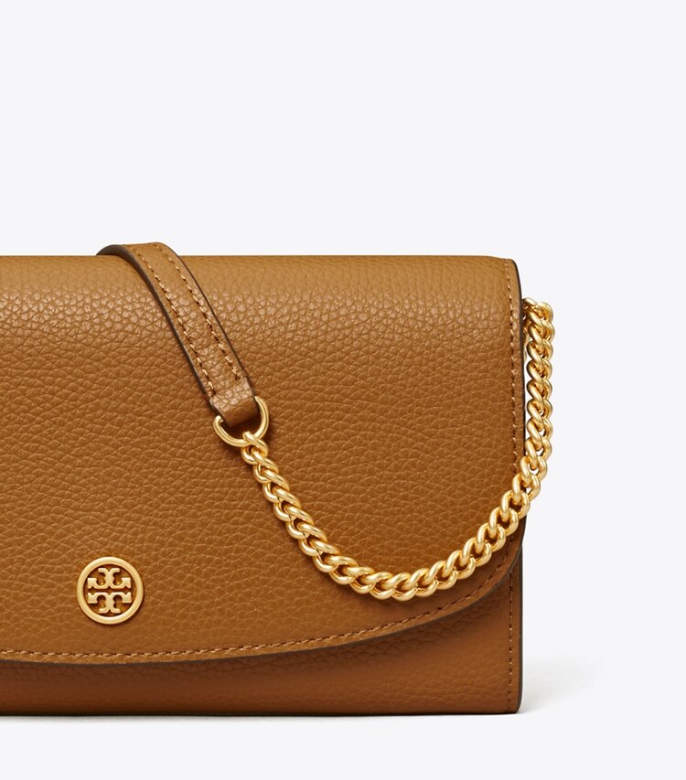 Tory Burch designer mini bags Portafoglio con catena Robinson in pelle martellata in Tiger's Eye dettaglio