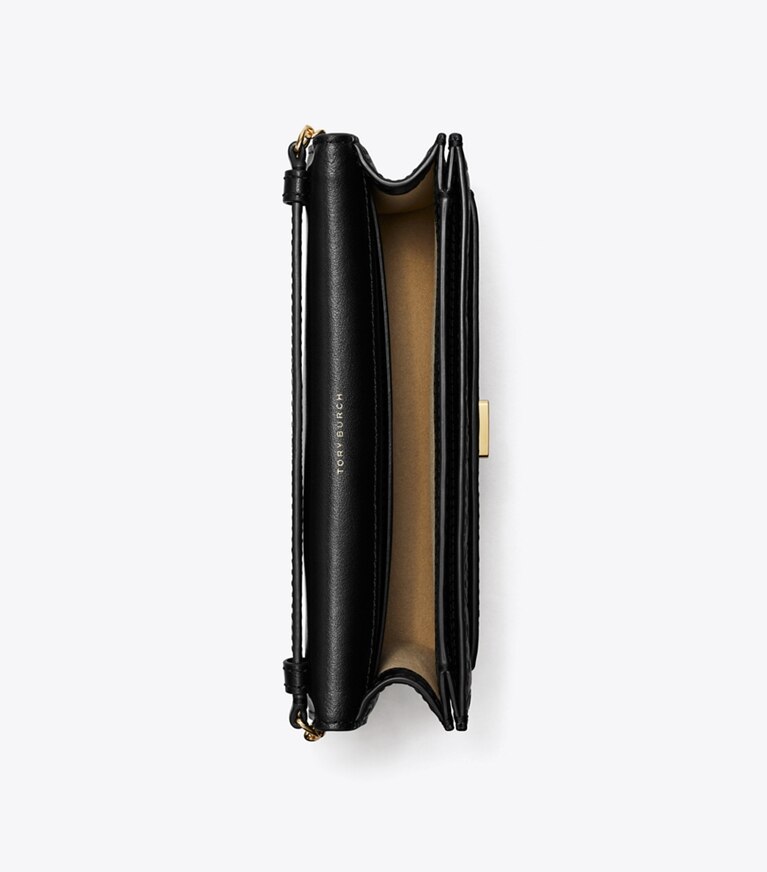 Tory Burch designer mini bags Portafoglio con catena T Monogram in pelle impressa in Black angle