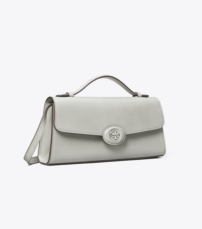 Tory Burch designer mini bags Portafoglio con manico superiore e catena Robinson in pelle spazzolata in Light Granite angle