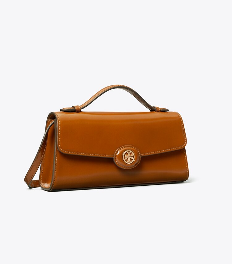Tory Burch designer mini bags Portafoglio con manico superiore e catena Robinson in pelle spazzolata in DARK SIENNA angle